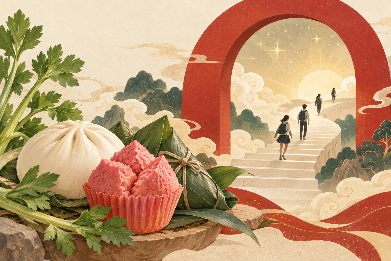 以包子、發糕、粽子與芹菜寄託祝福的紙感插畫